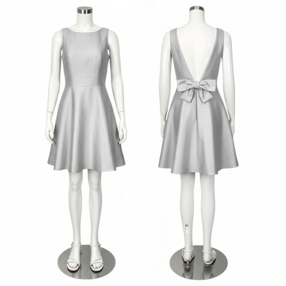 Alfred Sung Dove Gray A-Line Bow Cocktail Dress Sz 8 | Audrey Hepburn Jackie-O - Picture 3 of 11